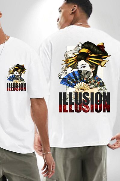 Angemiel Mysterious Geisha Illusion White Oversize Women Men Front and Back Printed T-Shirt
