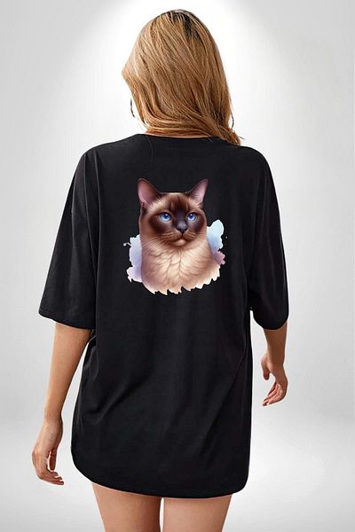 Angemiel Siamese Cat Black Oversize Women's Men's Front and Back Printed T-Shirt