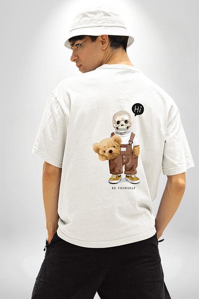 Angemiel Be Yourself Printed Skull Bear Teddy White Oversize Women's Men's Front and Back Printed T-Shirt
