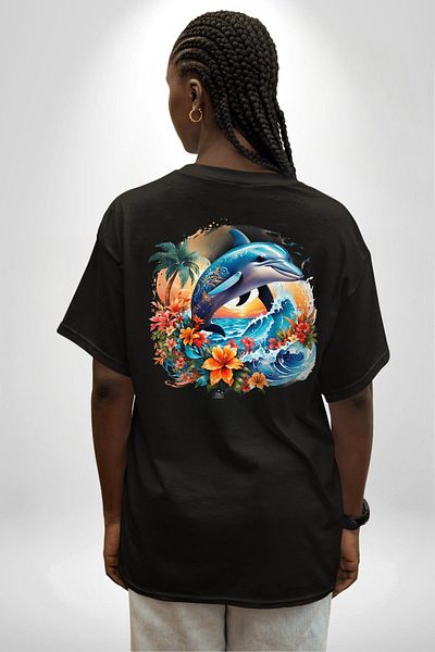 Angemiel Summer Spirit Floral Dolphin Themed Black Oversize Women's Men's Front and Back Printed T-Shirt