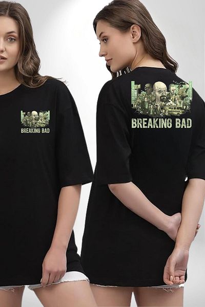 Angemiel Breaking Bad Style Chemistry and Crime Story Black Oversize Women Men Front and Back Printed T-Shirt