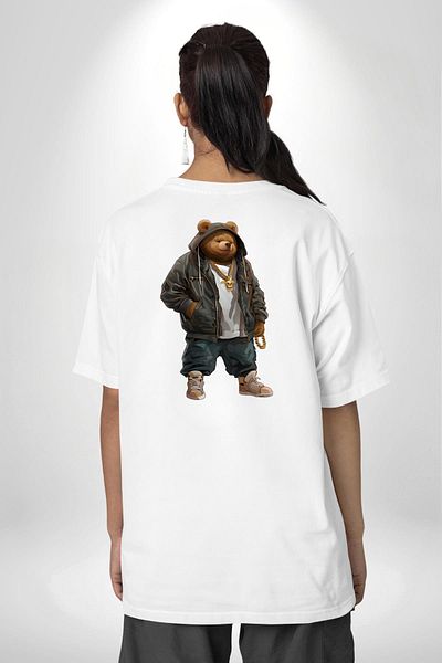 Angemiel تي شيرت Urban Style Hip Hop Teddy Bear Rapper Teddy أبيض كبير الحجم للنساء والرجال مطبوع من الأمام والظهر