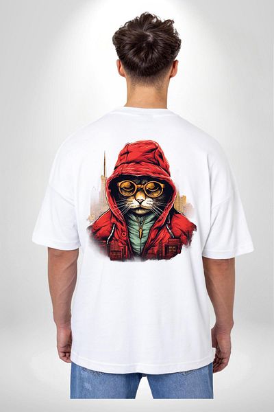 Angemiel Hooded Cat Patterned White Oversize Women's Men's Front and Back Printed T-Shirt