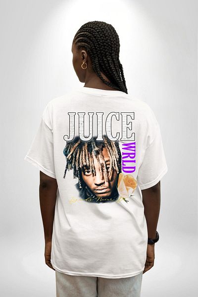 Angemiel تي شيرت Juice WRLD Rapper Music and Fashion أبيض كبير الحجم للنساء والرجال مطبوع من الأمام والظهر