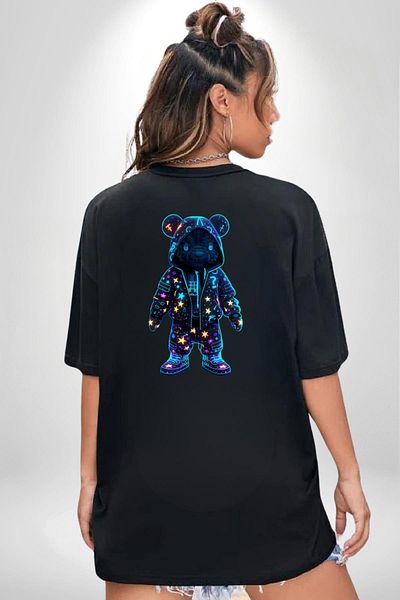 Angemiel Neon Lighted Teddy Bear Adding Color to the Night Black Oversize Women's Men's Front and Back Printed T-Shirt