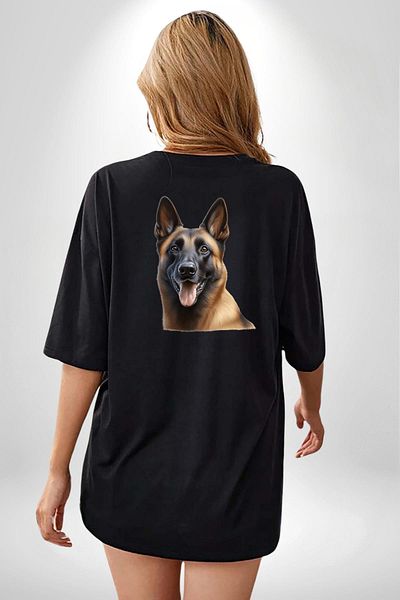 Angemiel Belgian Malinois Cute Dog Black Oversize Women Men Front and Back Printed T-Shirt