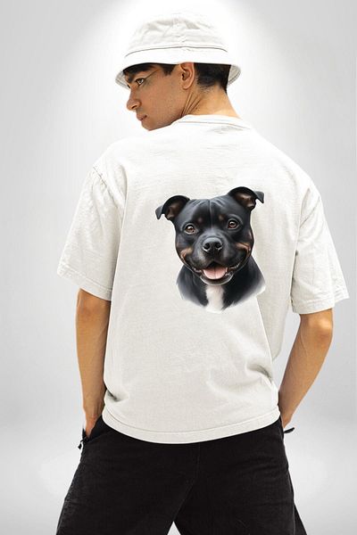 Angemiel Staffordshire Bull Terrier Dog Design White Oversize Women's Men's Front and Back Printed T-Shirt