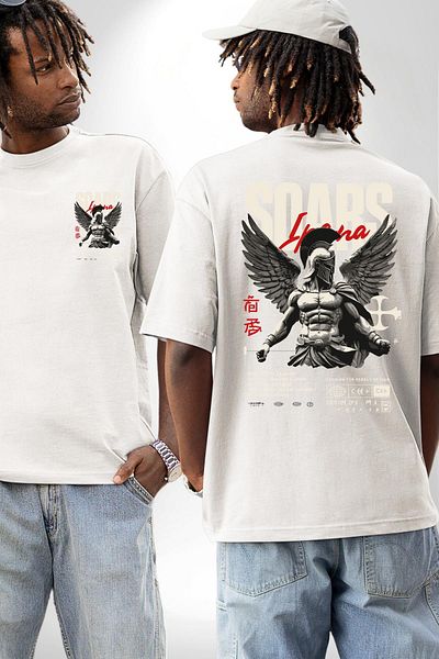 Angemiel تي شيرت Strong Wings Immortal Victory Legendary Warrior أبيض كبير الحجم للنساء والرجال مطبوع من الأمام والظهر