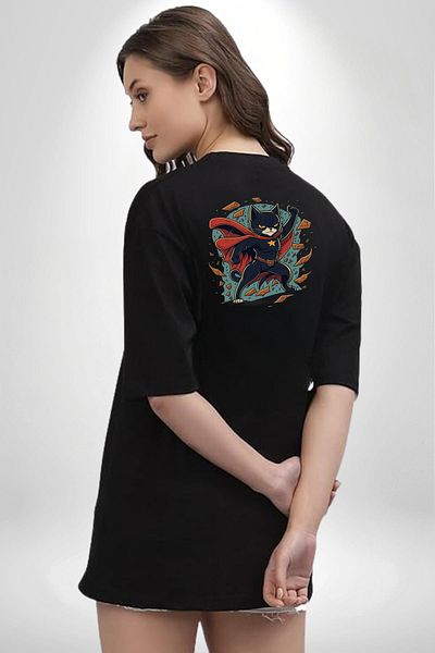 Angemiel Superhero Cat Black Oversize Women's Men's Front and Back Printed T-Shirt