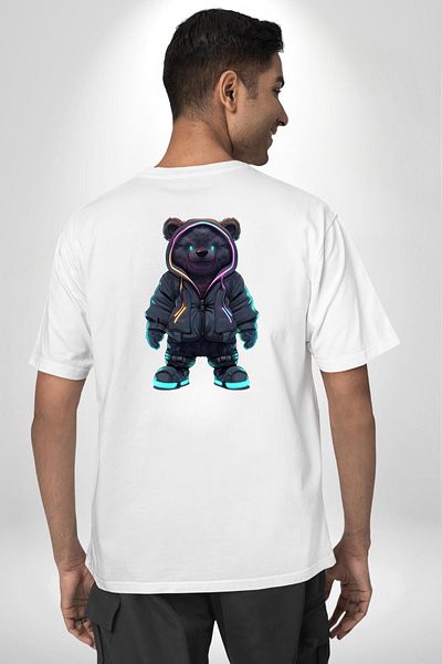 Angemiel Teddy Bear White Oversize Women's Men's Front and Back Printed T-Shirt with Bright Neon Detail Night Style