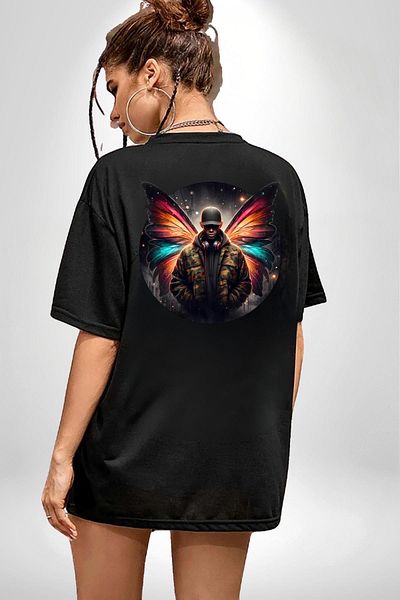 Angemiel Casual Camouflage Pattern Agent Men's Black Oversize Women's Men's Front and Back Printed T-Shirt