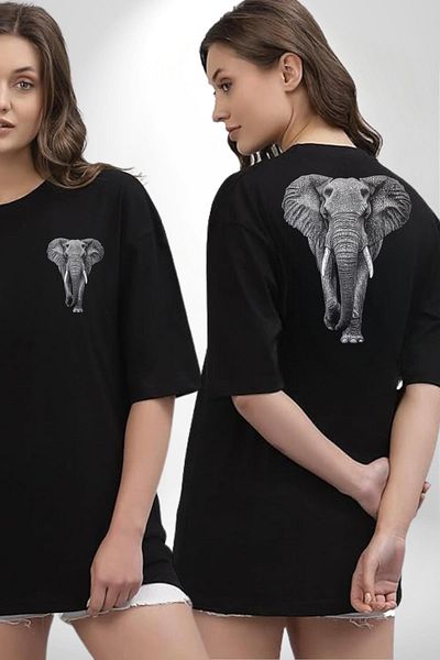 Angemiel Nature Inspired Elephant Portrait Black Oversize Women's Men's Front and Back Printed T-Shirt