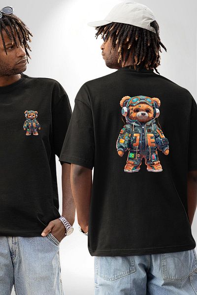 Angemiel Smart Technology Style Teddy Bear Black Oversize Women's Men's Front and Back Printed T-Shirt