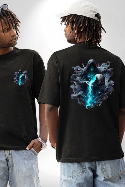 Angemiel Aquarius Special Design Black Oversize Women's and Men's Front and Back Printed T-Shirt