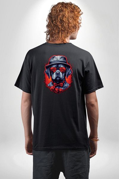 Angemiel Romantic  Dog Hat with Roses Black Oversize Women's Men's Front and Back Printed T-Shirt