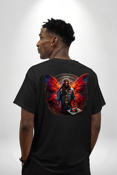 Angemiel Dj Style Design with Red Orange Wings Black Oversize Women Men Front and Back Printed T-Shirt