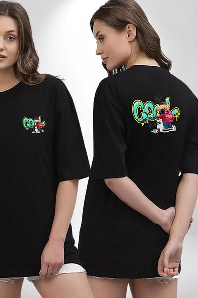 Angemiel Cool Graffiti Printed Youth and Street Fashion Black Oversize Women's Men's Front and Back Printed T-Shirt