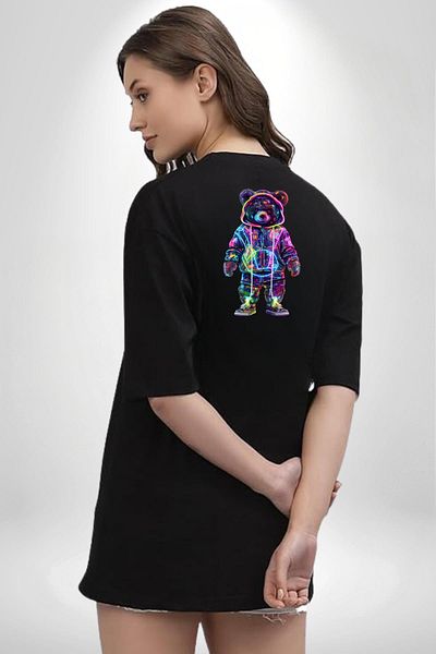 Angemiel Neon Lights Revived Teddy Bear Black Oversize Women's Men's Front and Back Printed T-Shirt