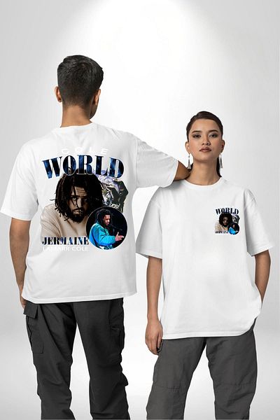 Angemiel تي شيرت J. Cole K-pop Singer Rap World Icon أبيض كبير الحجم للنساء والرجال مطبوع من الأمام والظهر