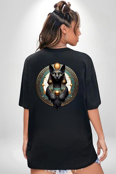 Angemiel Bastet Goddess Sacred Cat Ancient Egypt Black Oversize Women Men Front and Back Printed T-Shirt