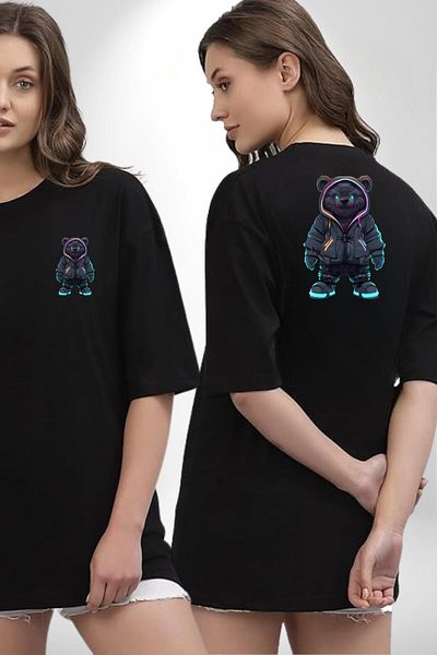 Angemiel Teddy Bear Black Oversize Women's Men's Front and Back Printed T-Shirt with Bright Neon Detail Night Style