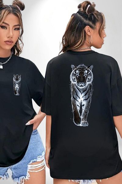 Angemiel White Tiger Artistic Black Oversize Women's Men's Front and Back Printed T-Shirt