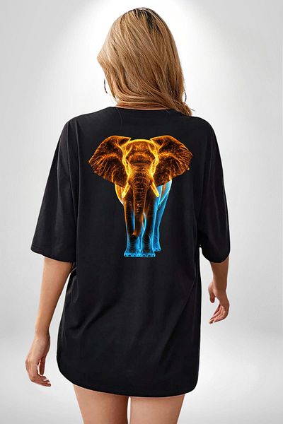 Angemiel Light Effect Elephant Black Oversize Women's Men's Front and Back Printed T-Shirt