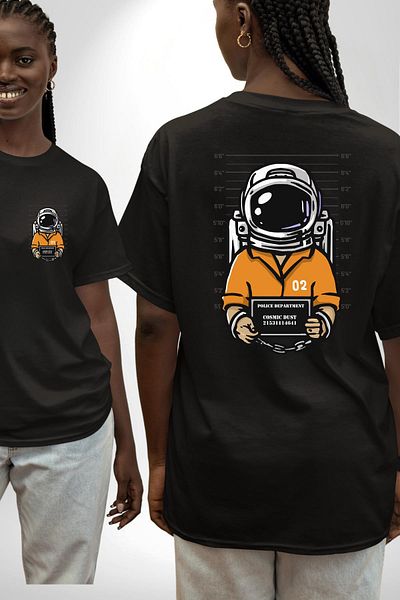 Angemiel Space Police Astronaut Black Oversize Women's Men's Front and Back Printed T-Shirt