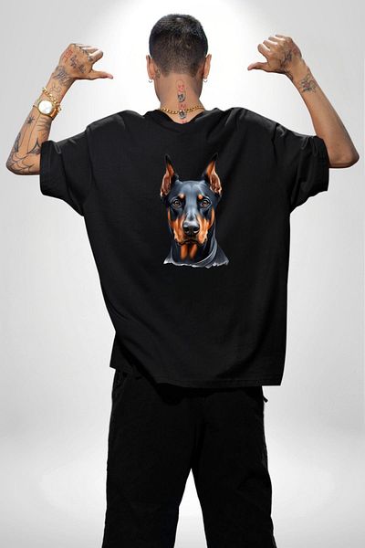 Angemiel Loyal Doberman Brave Strong Dog Design Black Oversize Women's Men's Front and Back Printed T-Shirt
