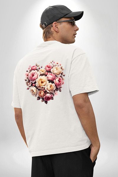 Angemiel تي شيرت Rose Heart Beauty Love Grace Icon أبيض كبير الحجم للنساء والرجال مطبوع من الأمام والظهر