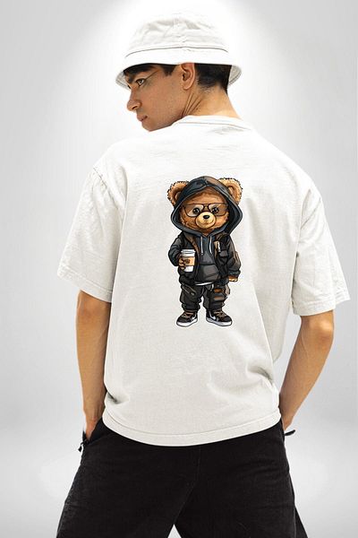 Angemiel تي شيرت مريح وأنيق من Coffee Cafe Teddy Bear أبيض كبير الحجم للنساء والرجال مطبوع من الأمام والظهر