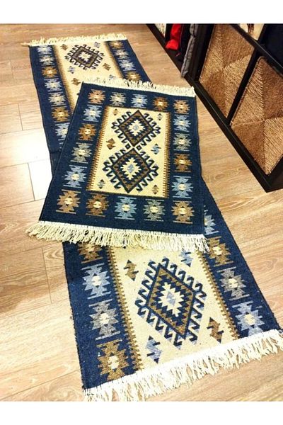 OEM 1+1 set of traditional rugs, jute, double-sided, 60x180cm+60x90cm blue and cream, ROMB model