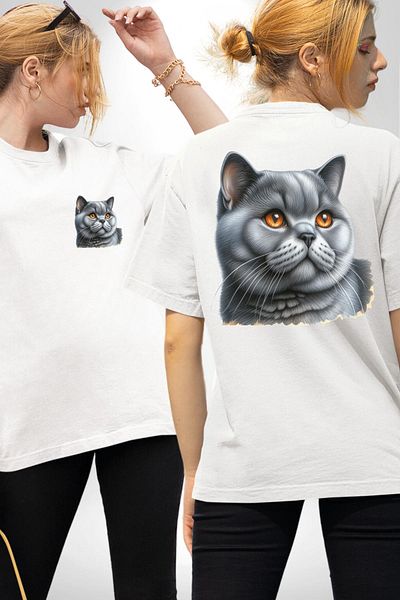 Angemiel Exotic Shorthair Cat White Oversize Women's Men's Front and Back Printed T-Shirt