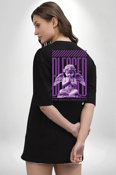 Angemiel Every Breath Is a Happy Gift Written Angel Black Oversize Women Men Front and Back Printed T-Shirt