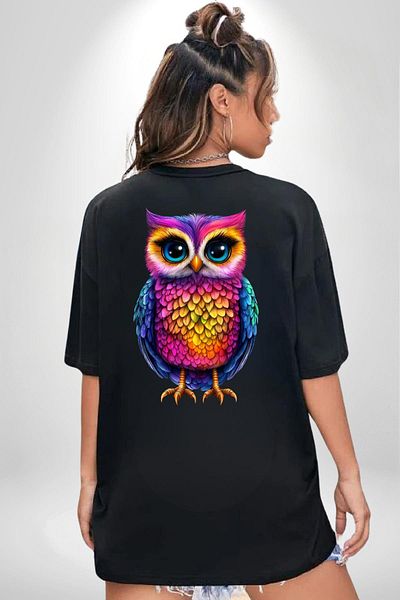 Angemiel Neon Colors Owl Black Oversize Women's Men's Front and Back Printed T-Shirt
