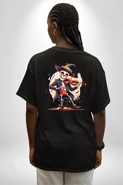Angemiel Violin Playing Skeleton Witch Hat Skull Black Oversize Women Men Front and Back Printed T-Shirt