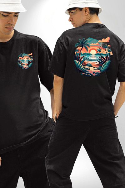 Angemiel Tropical Beach Sunset Themed Black Oversize Women's Men's Front and Back Printed T-Shirt