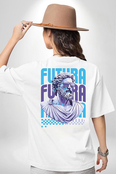 Angemiel تي شيرت Mythical Future Futura Technology أبيض كبير الحجم للنساء والرجال مطبوع من الأمام والظهر