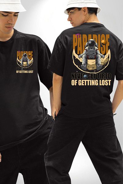 Angemiel Astronaut for Those Who Love to Get Lost in Space Black Oversize Women Men Front and Back Printed T-Shirt