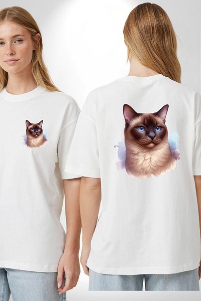 Angemiel تي شيرت مطبوع من الأمام والظهر للنساء والرجال باللون الأبيض من Siamese Cat