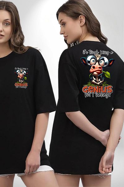 Angemiel Genius Cow Funny Genius Design Black Oversize Women's Men's Front and Back Printed T-Shirt