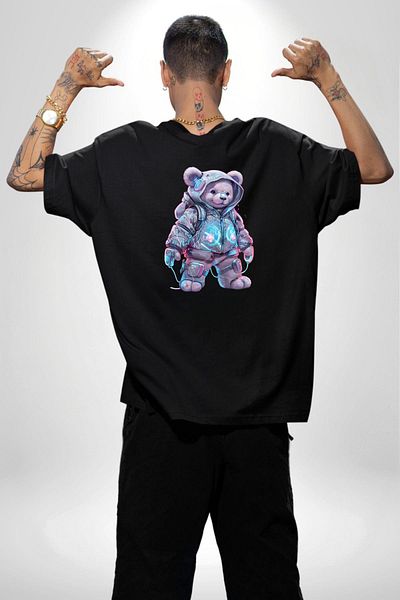 Angemiel Digital Dreamer Teddy Bear Futuristic Black Oversize Women's Men's Front and Back Printed T-Shirt