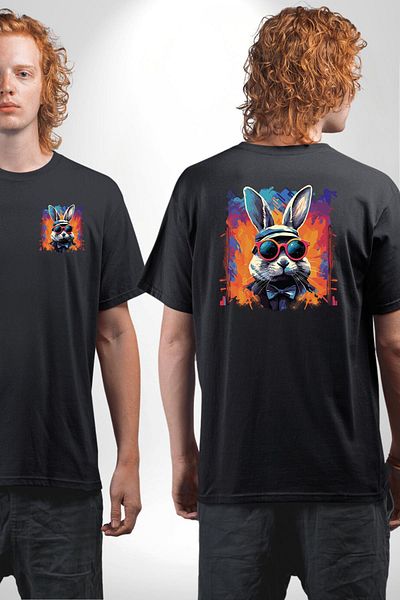 Angemiel Rainbow Party Glasses Bunny Black Oversize Women's Men's Front and Back Printed T-Shirt