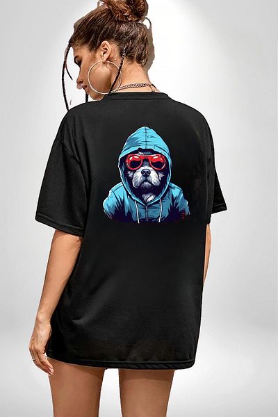 Angemiel Charismatic Terrier with Glasses Cool Dog Black Oversize Women's Men's Front and Back Printed T-Shirt