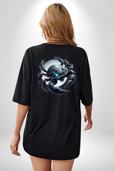 Angemiel Cancer Zodiac Sign Special Design Black Oversize Women's and Men's Front and Back Printed T-Shirt