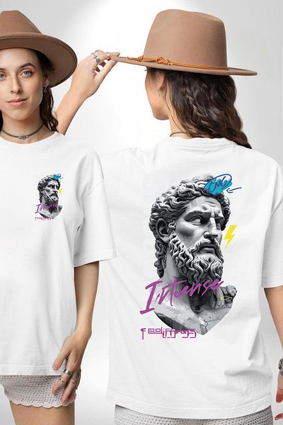 Angemiel تي شيرت Mythical Zeus Power and Emotions أبيض كبير الحجم للنساء والرجال مطبوع من الأمام والخلف