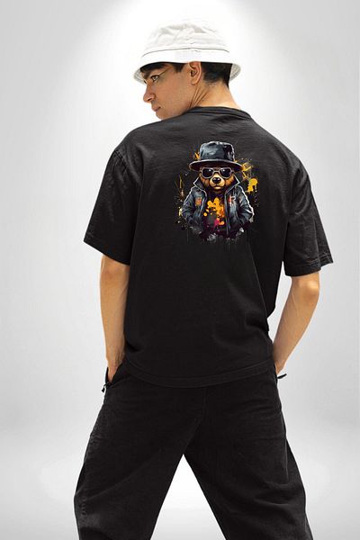Angemiel Black Leather Jacket Bear Teddy with Sunglasses Black Oversize Women's Men's Front and Back Printed T-Shirt