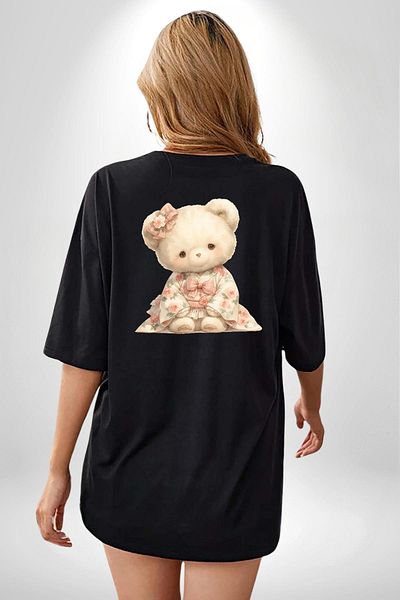 Angemiel Romantic Pink Floral Pastel Colors Teddy Bear Black Oversize Women's Men's Front and Back Printed T-Shirt