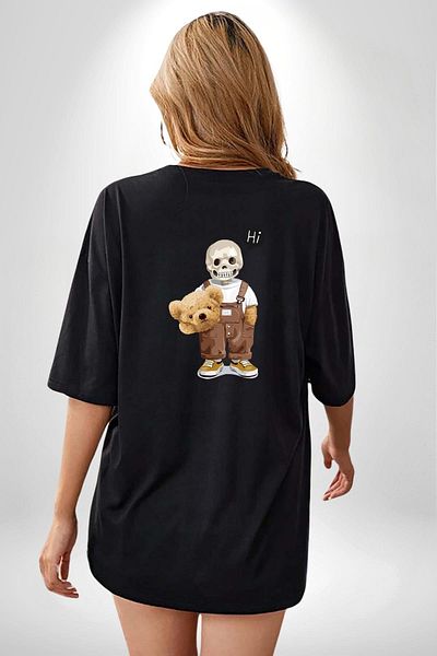 Angemiel Be Yourself Printed Skull Bear Teddy Black Oversize Women's Men's Front and Back Printed T-Shirt
