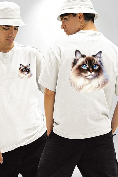 Angemiel Siberian Cat White Oversize Women's Men's Front and Back Printed T-Shirt